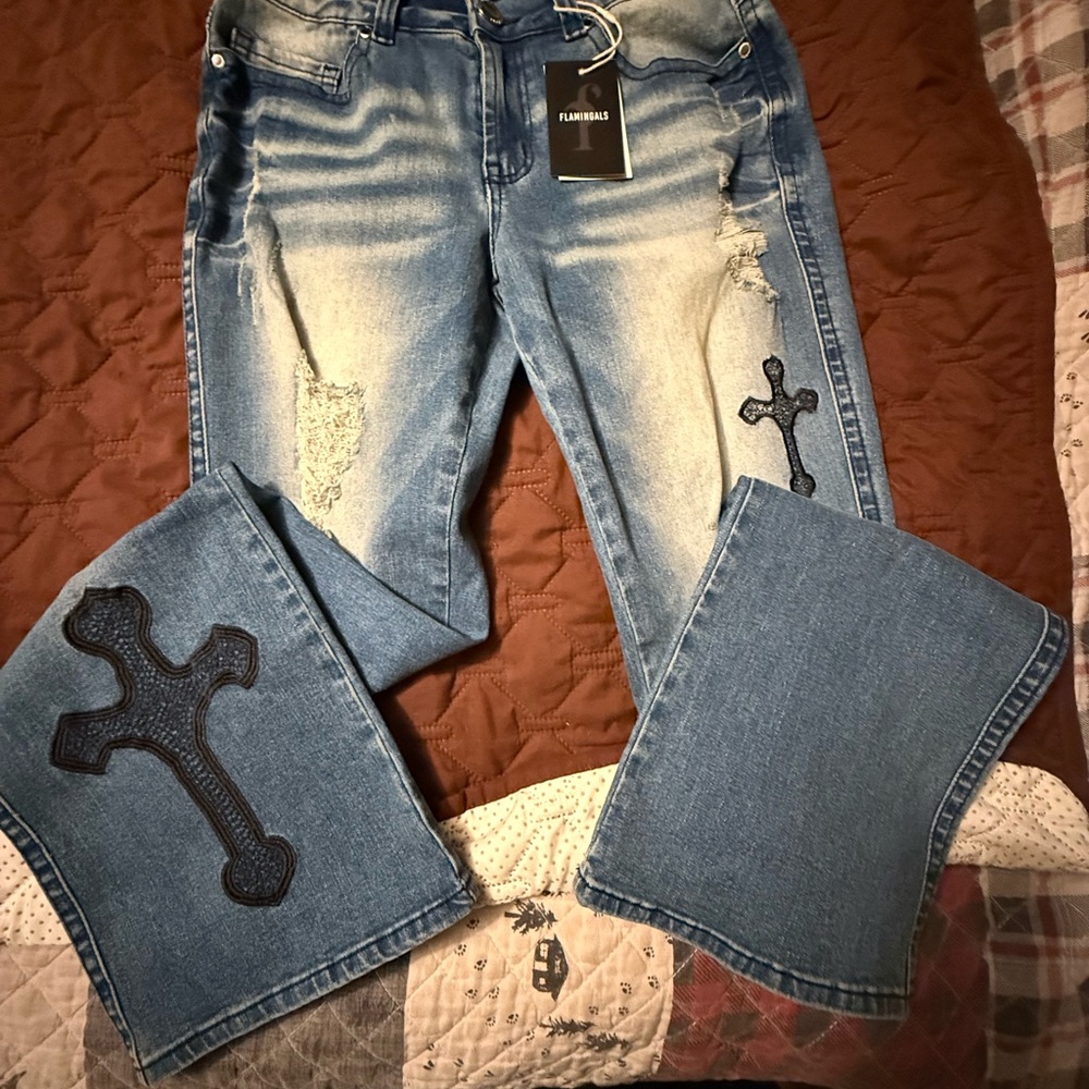 Flamingo Urban Blue Flare Jeans with Cross Details